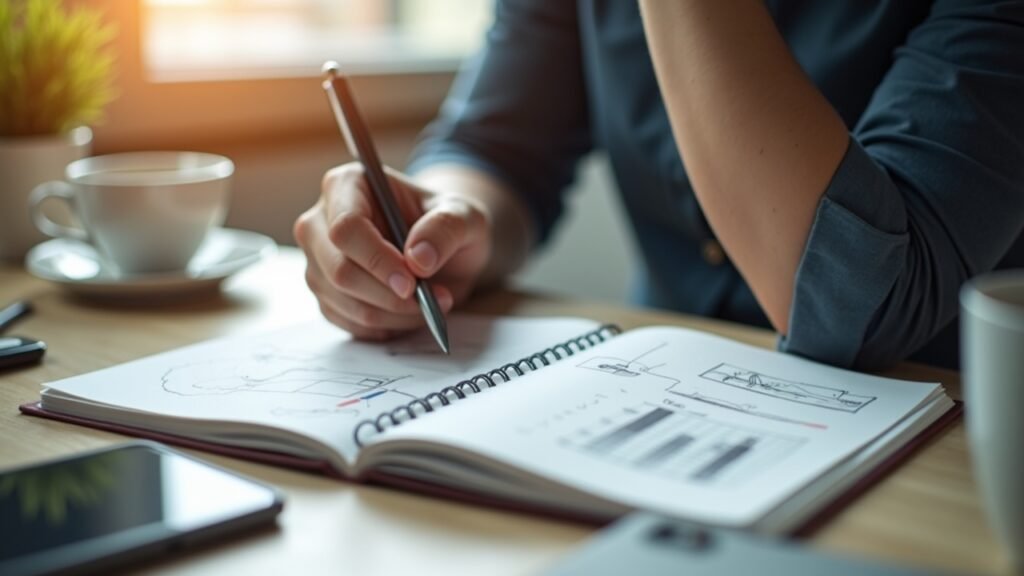 Person planning in notebook